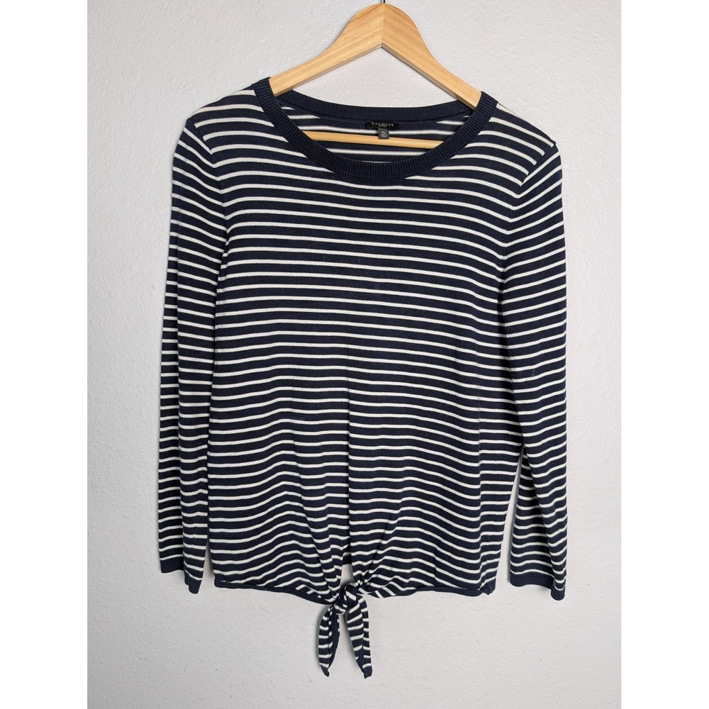 Talbots Sweater Womens M Petites Blue Striped Crew Neck Pullover Tie Front